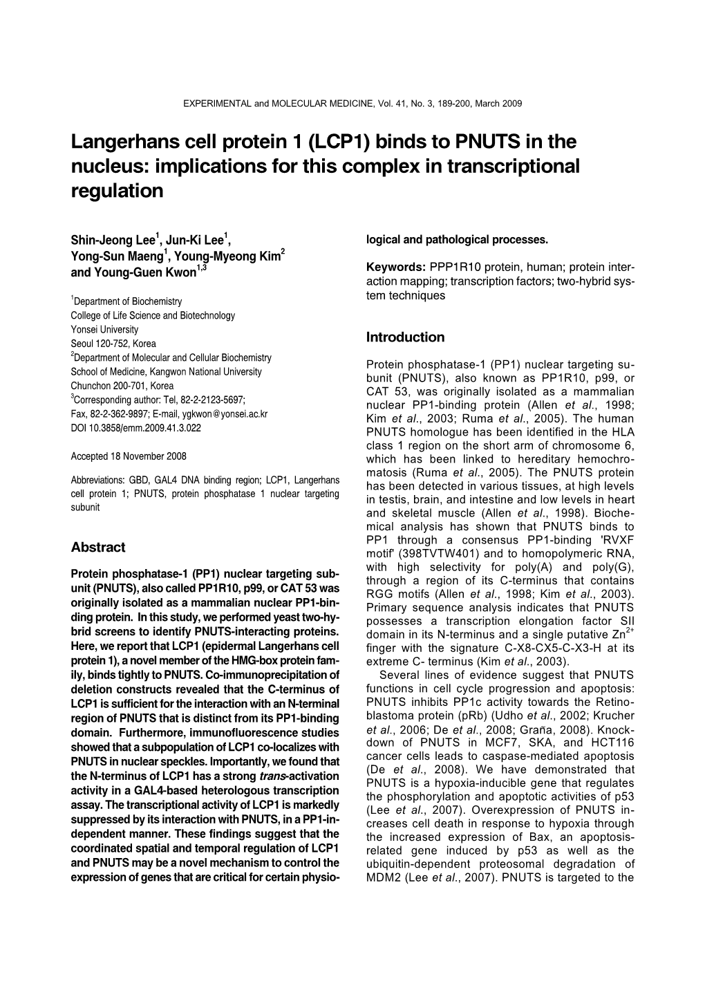 LCP1) Binds to PNUTS in the Nucleus: Implications for This Complex in Transcriptional Regulation