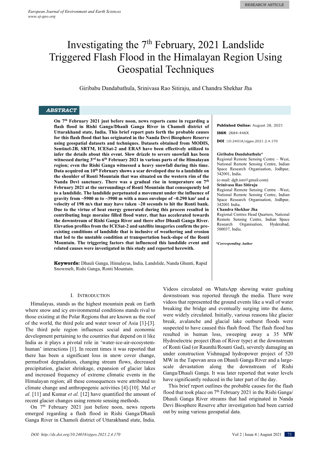 Investigating the 7Th February, 2021 Landslide Triggered Flash Flood in the Himalayan Region Using Geospatial Techniques