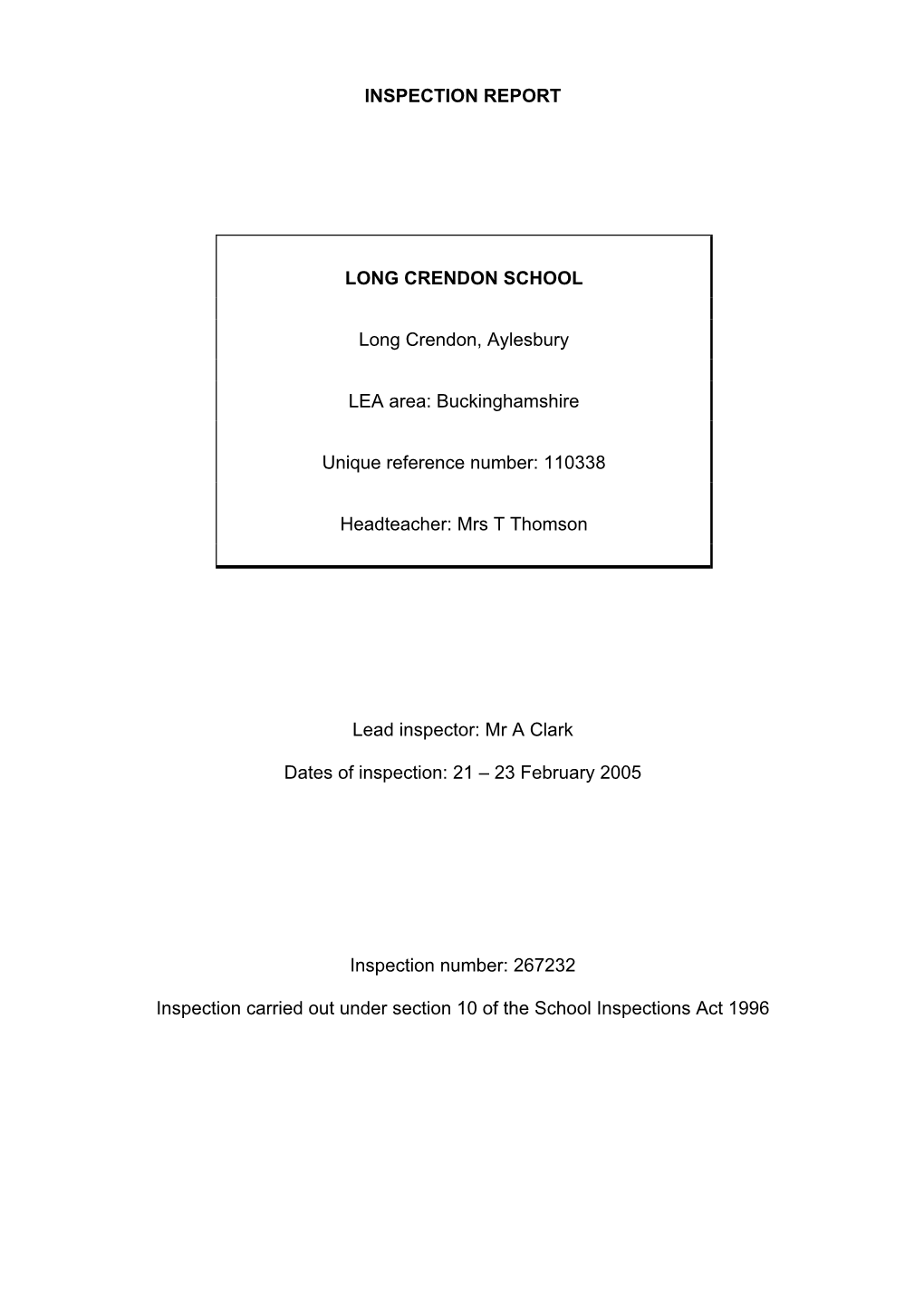 INSPECTION REPORT LONG CRENDON SCHOOL Long
