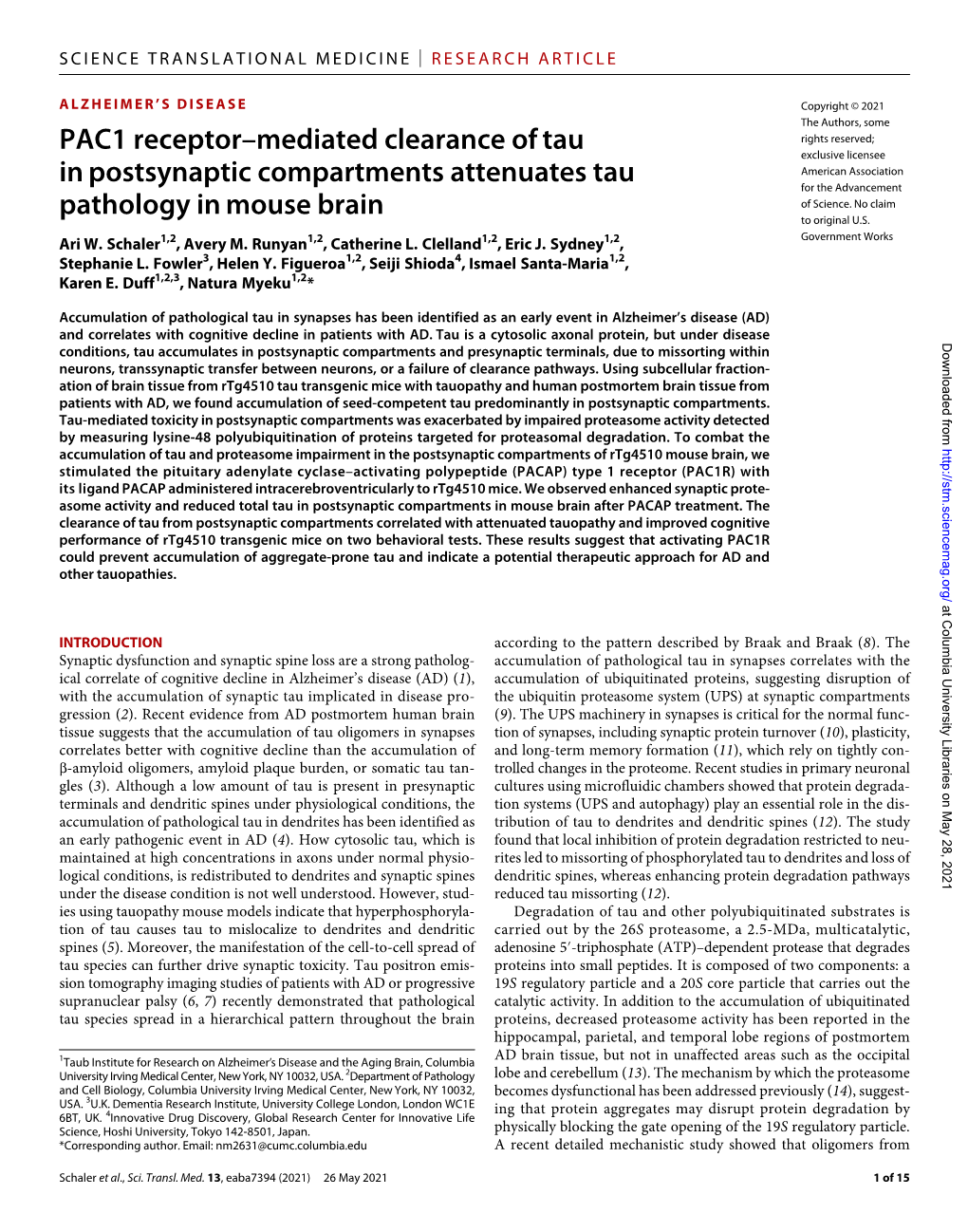 PAC1 Receptor–Mediated Clearance of Tau in Postsynaptic Compartments