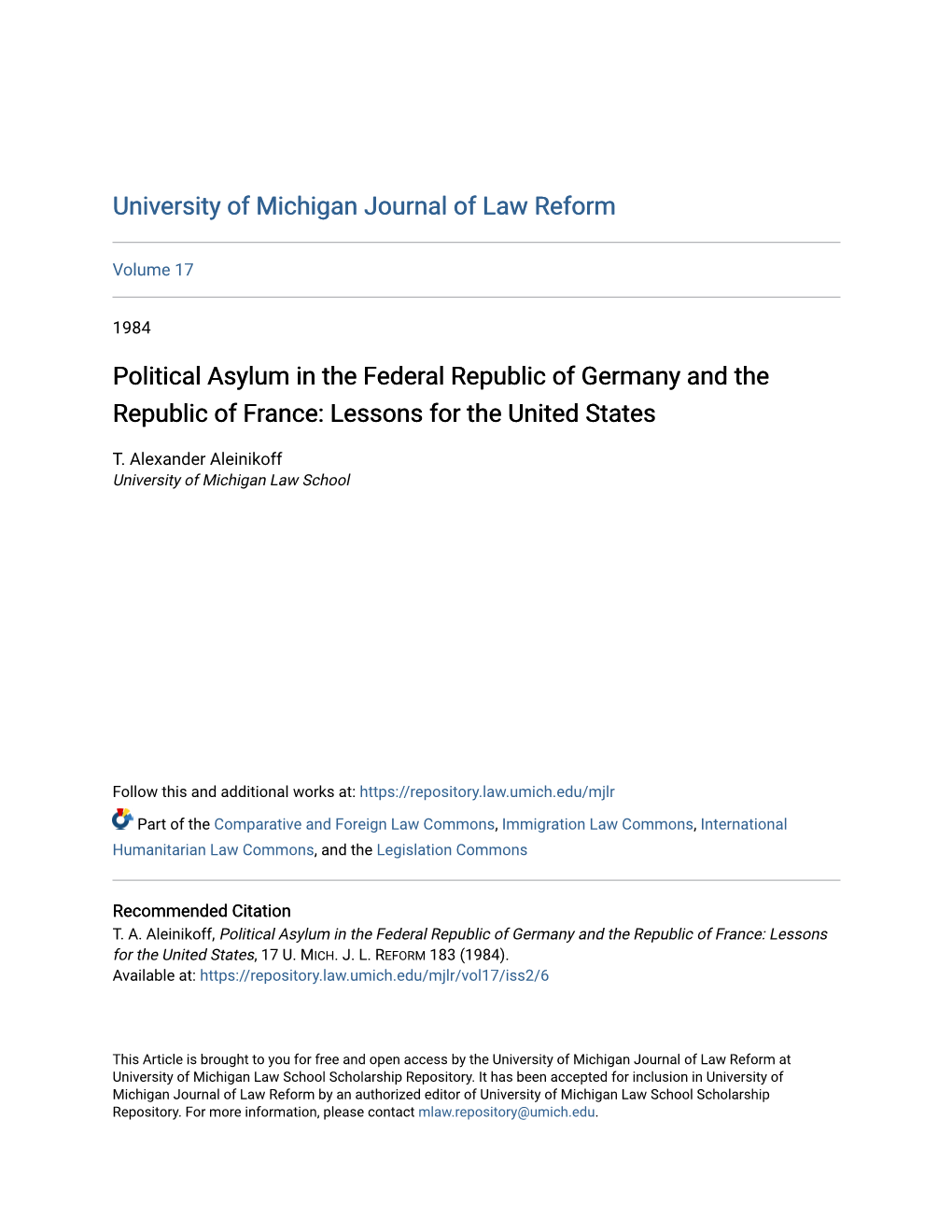 Political Asylum in the Federal Republic of Germany and the Republic of France: Lessons for the United States