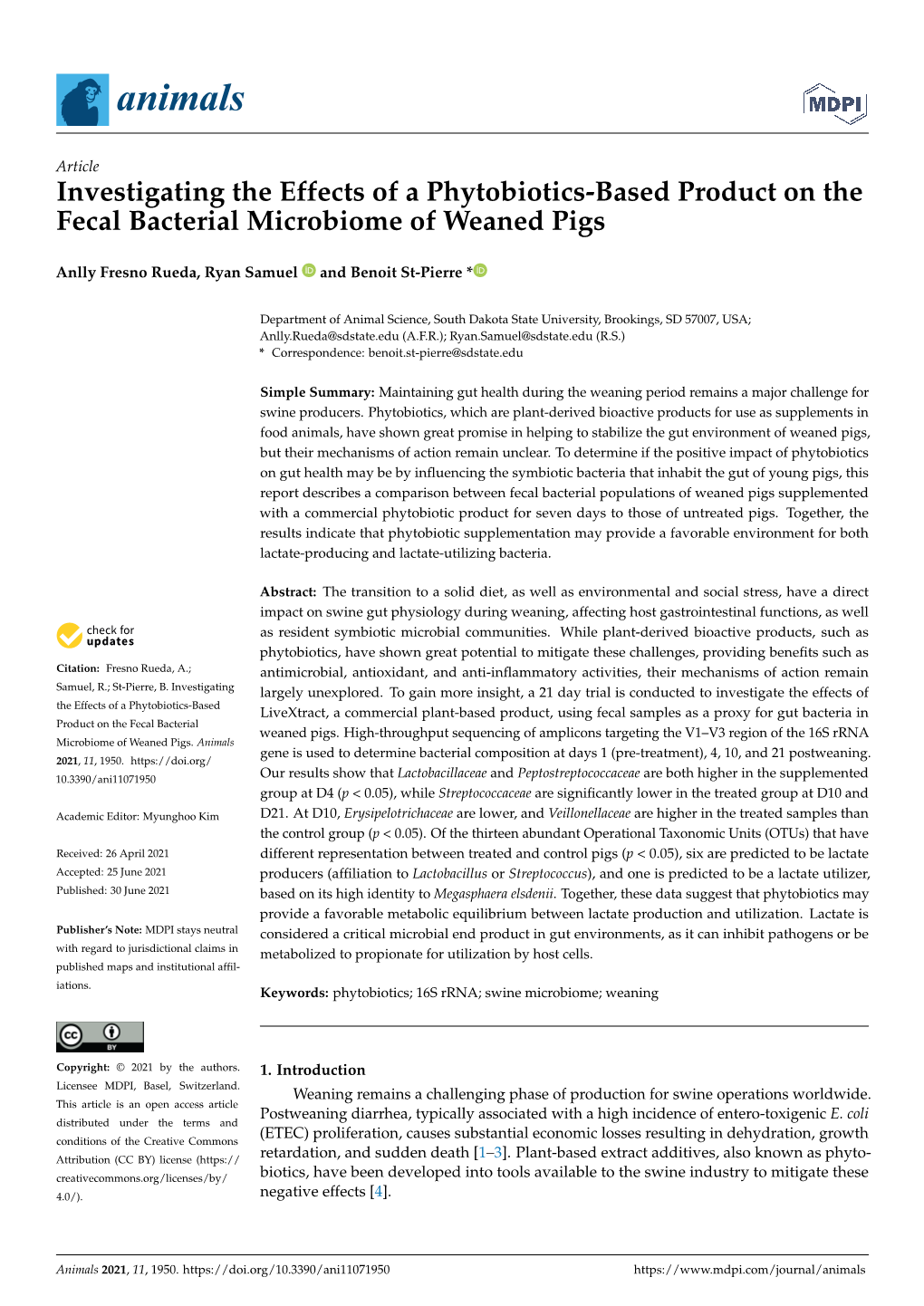 Investigating the Effects of a Phytobiotics-Based Product on the Fecal Bacterial Microbiome of Weaned Pigs