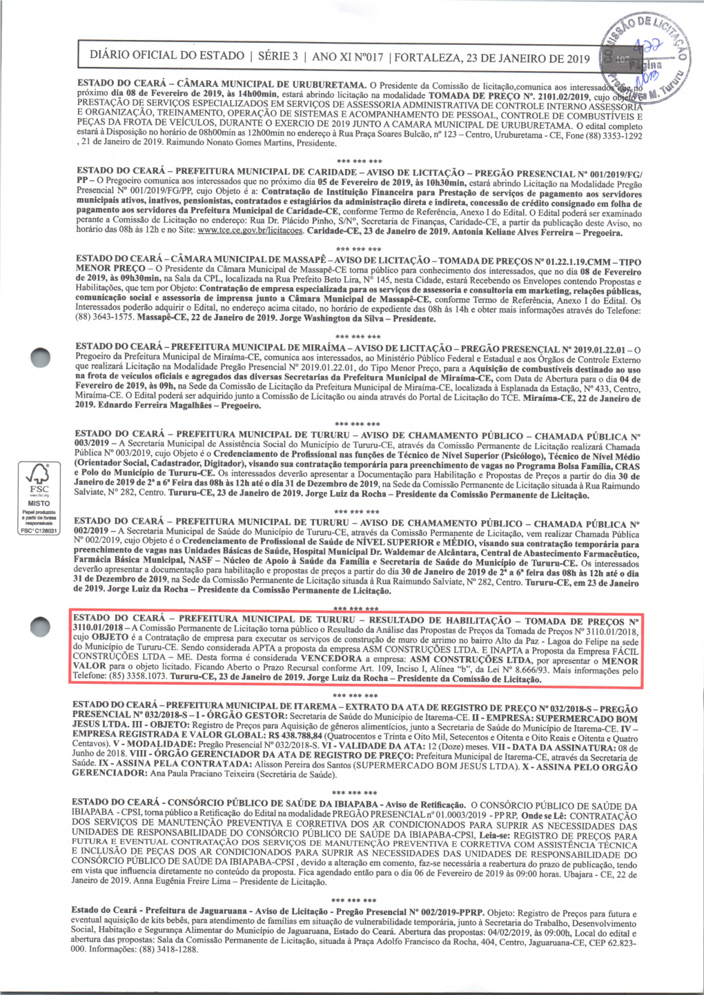 Diário Oficial Do Estado 1 Série 3 1 Ano Xi N-017 1 Fortaleza, 23 De Janeiro De 2019
