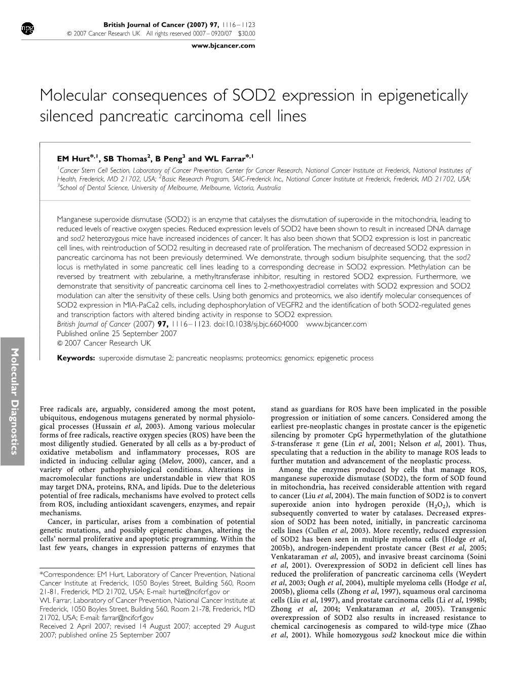 Molecular Consequences of SOD2 Expression in Epigenetically Silenced Pancreatic Carcinoma Cell Lines