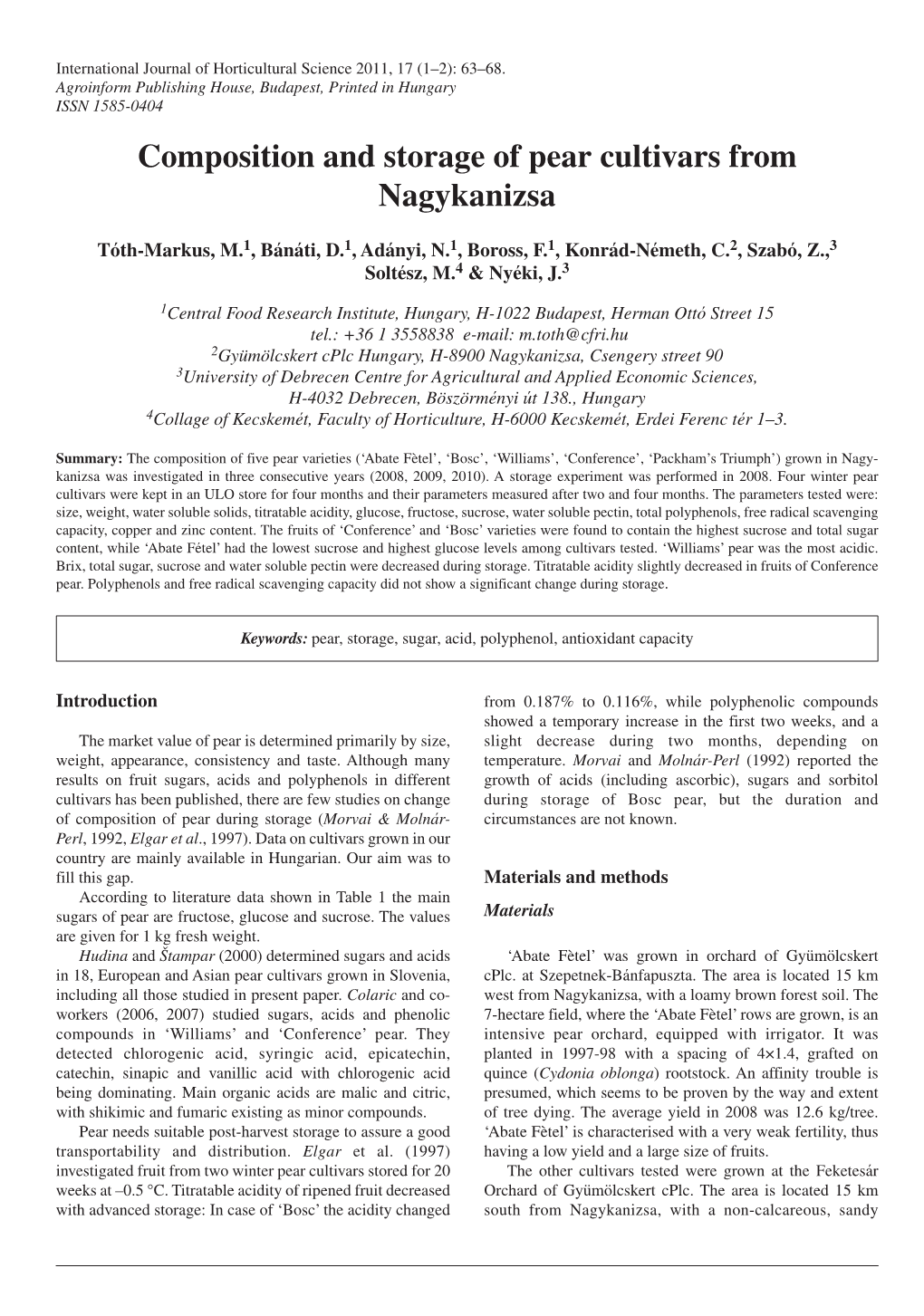 Composition and Storage of Pear Cultivars from Nagykanizsa