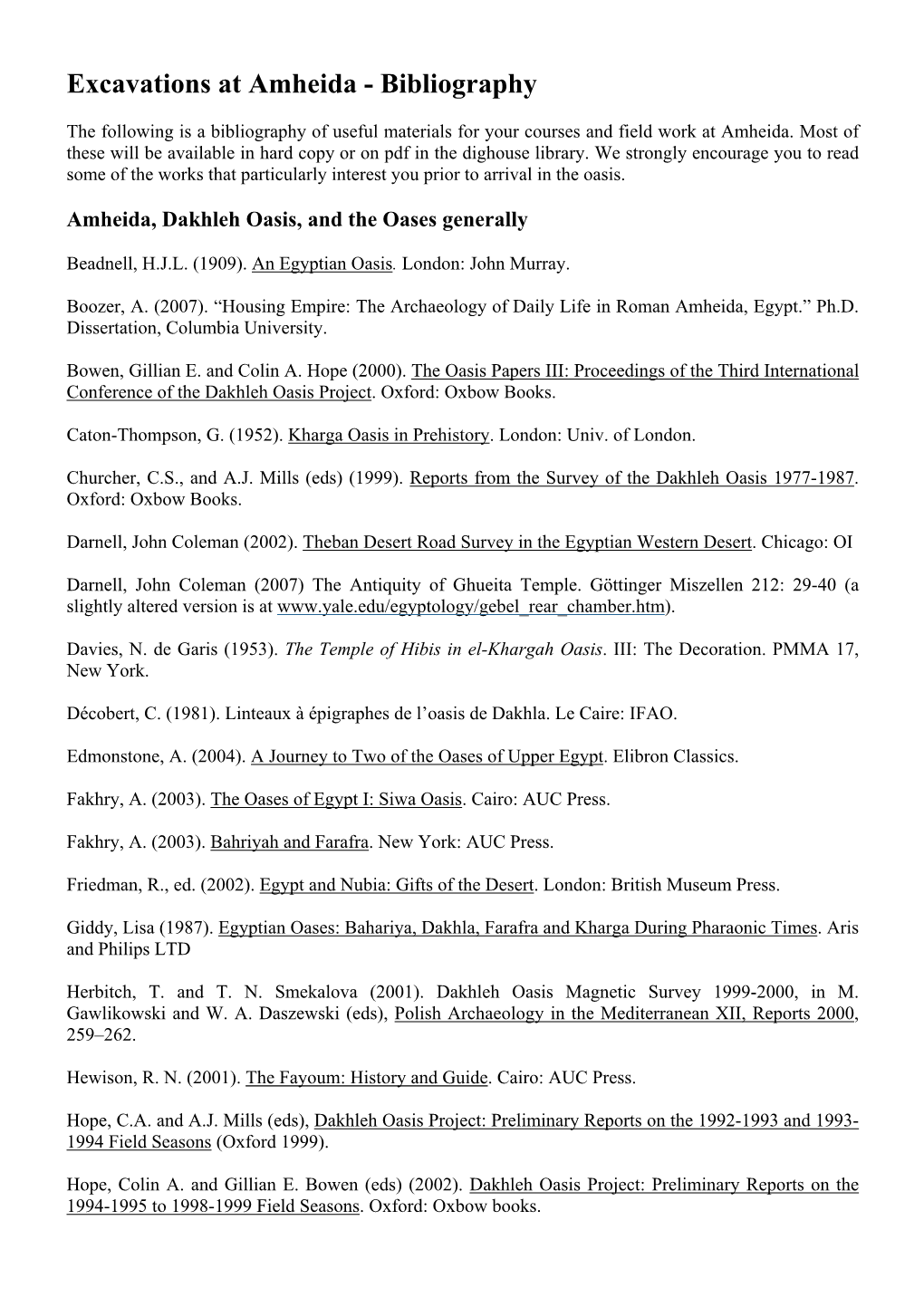 Excavations at Amheida - Bibliography