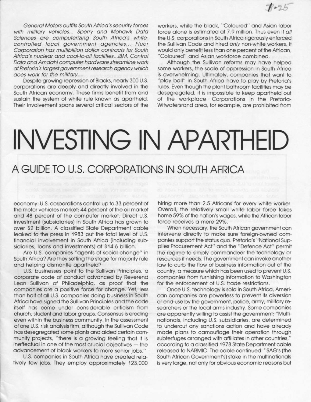 Investing in Apartheid a Guide to U.S