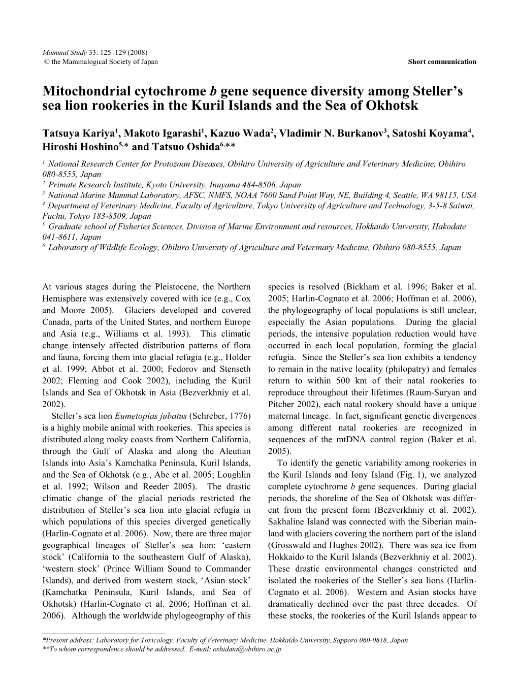 Mitochondrial Cytochrome B Gene Sequence Diversity Among Steller's