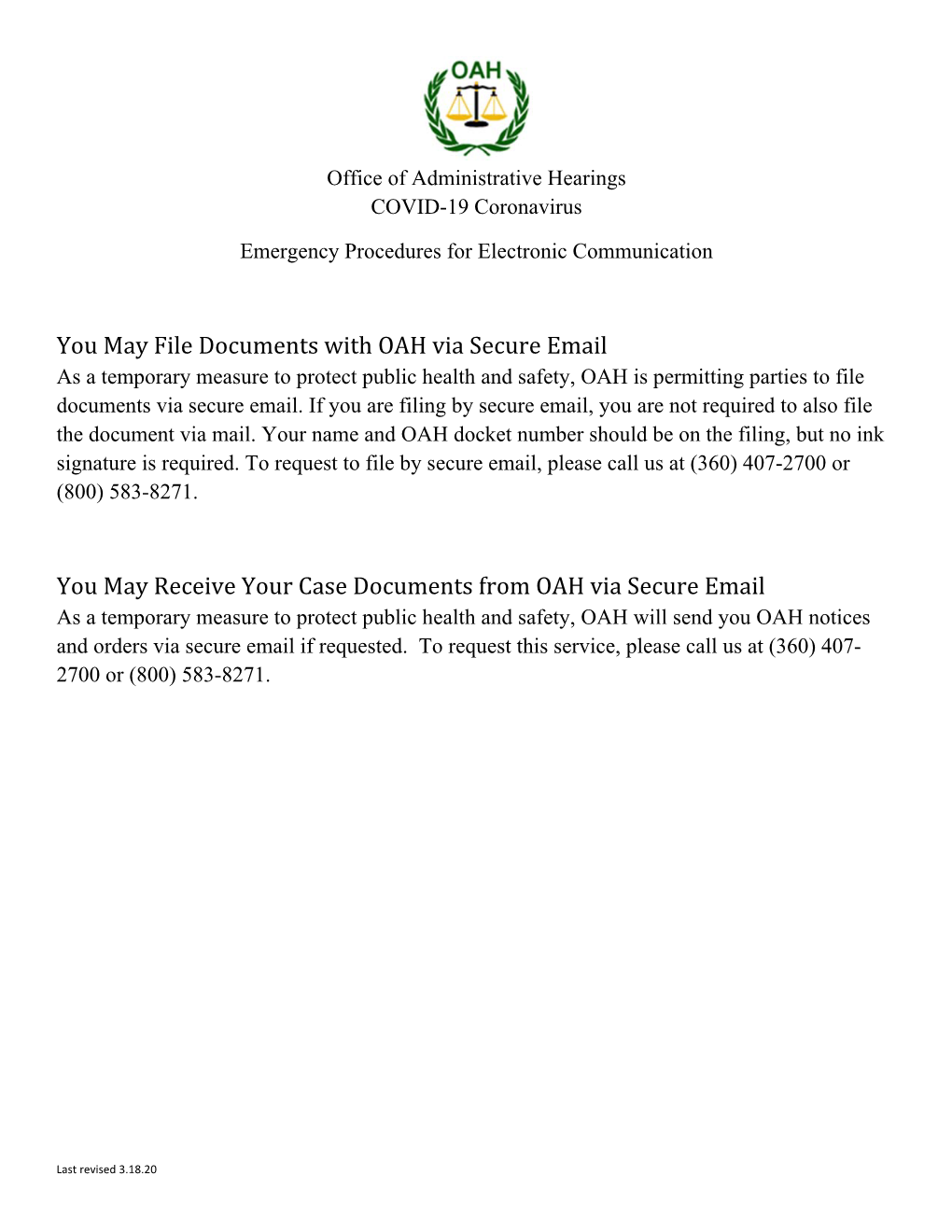 You May File Documents with OAH Via Secure Email