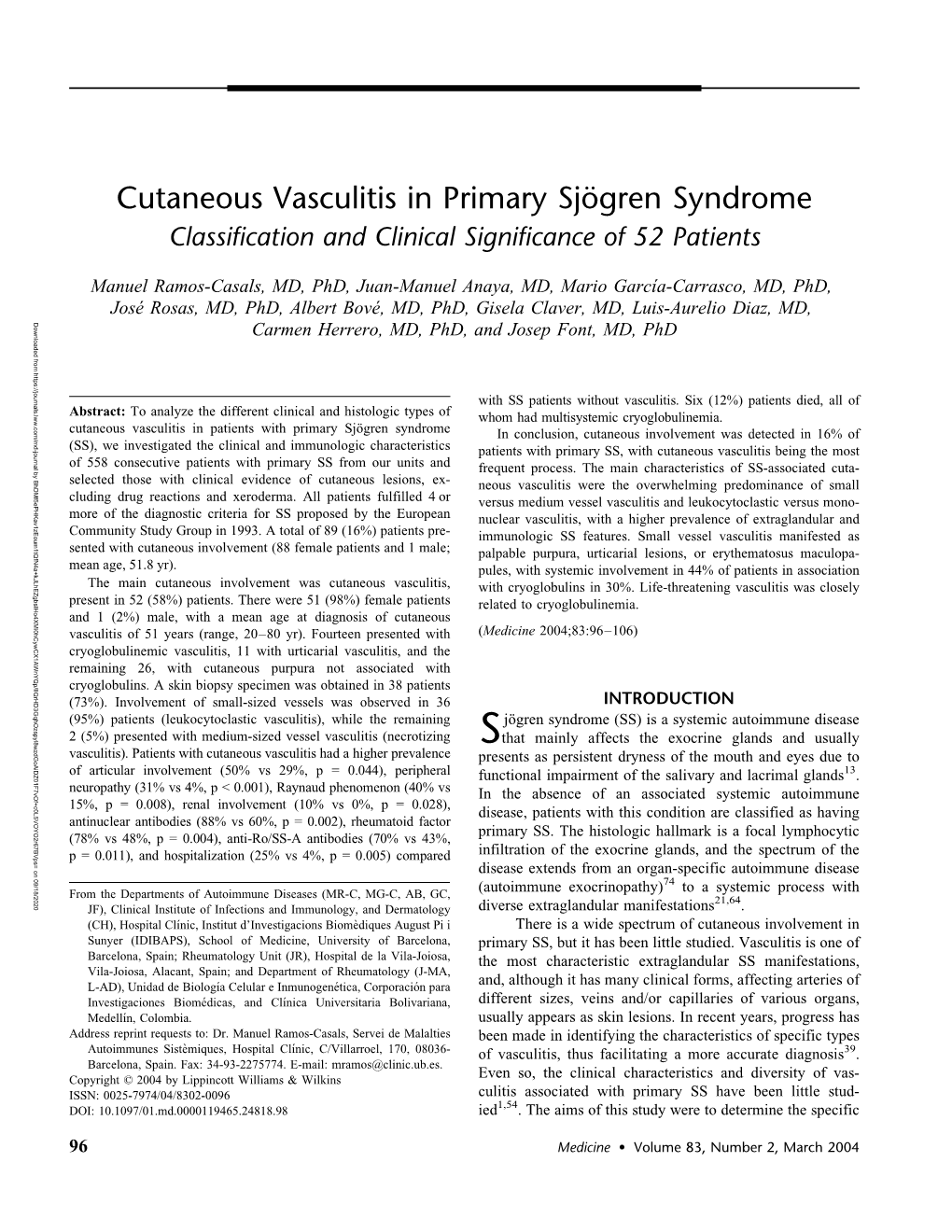 Cutaneous Vasculitis in Primary Sjo¨Gren Syndrome