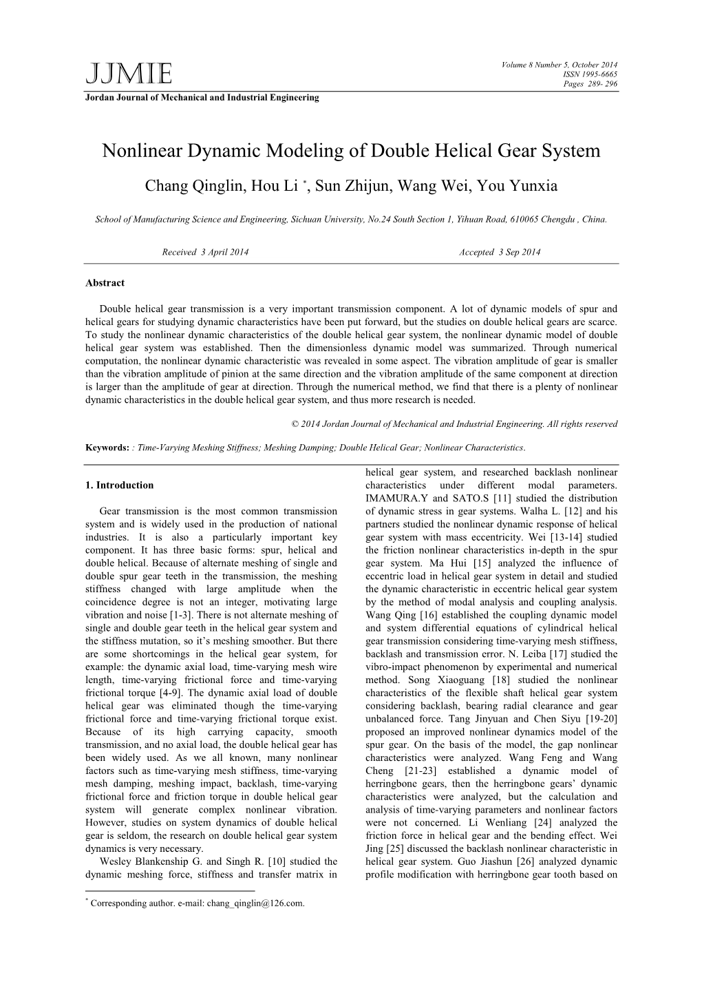 Nonlinear Dynamic Modeling of Double Helical Gear System