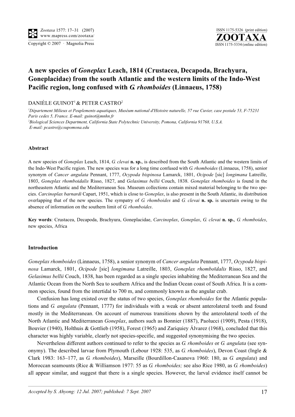 Zootaxa,A New Species of Goneplax Leach, 1814 (Crustacea, Decapoda