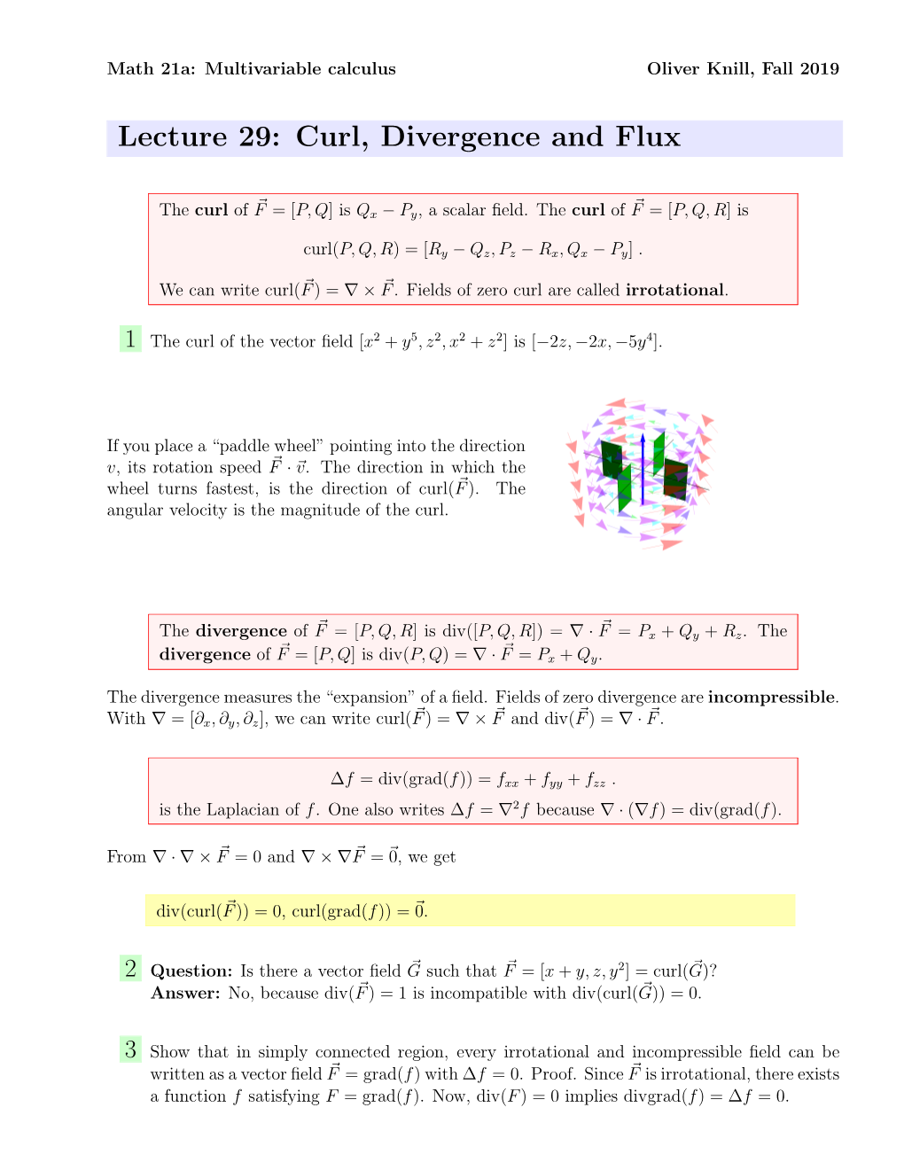 Lecture 29: Curl, Divergence and Flux