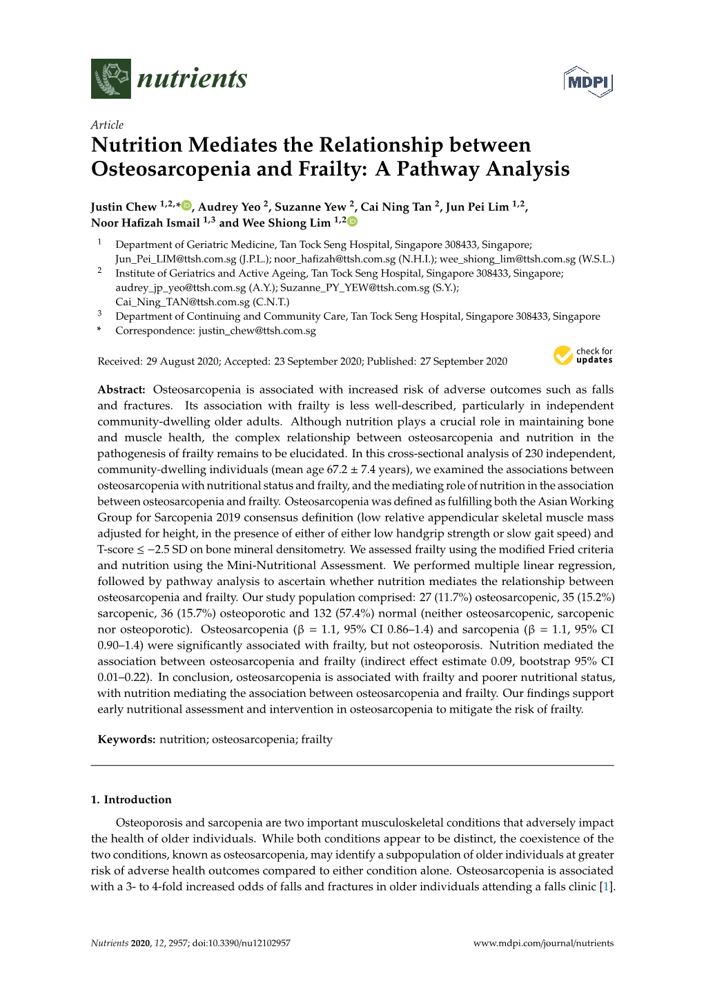 Nutrition Mediates the Relationship Between Osteosarcopenia and Frailty: a Pathway Analysis