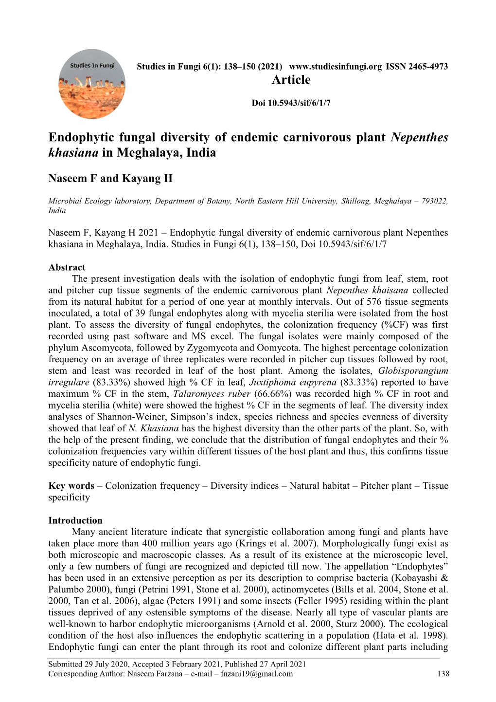 Endophytic Fungal Diversity of Endemic Carnivorous Plant Nepenthes Khasiana in Meghalaya, India