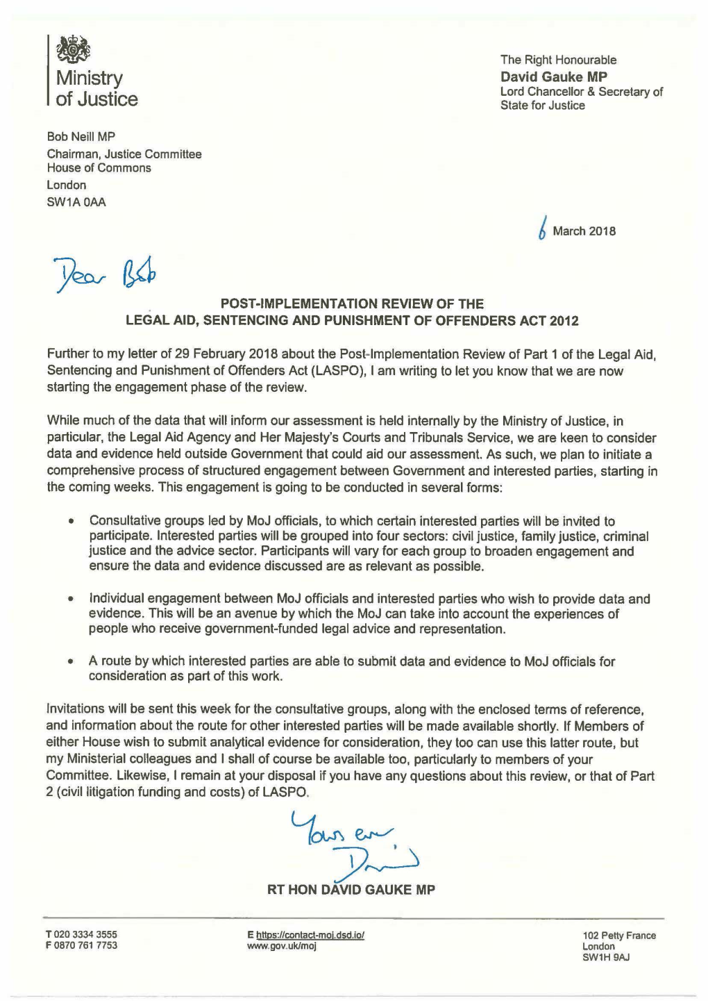 Letter from Secretary of State for Justice, to Committee Chair, Regarding Post-Implementation Review of the Legal Aid, Sentencin