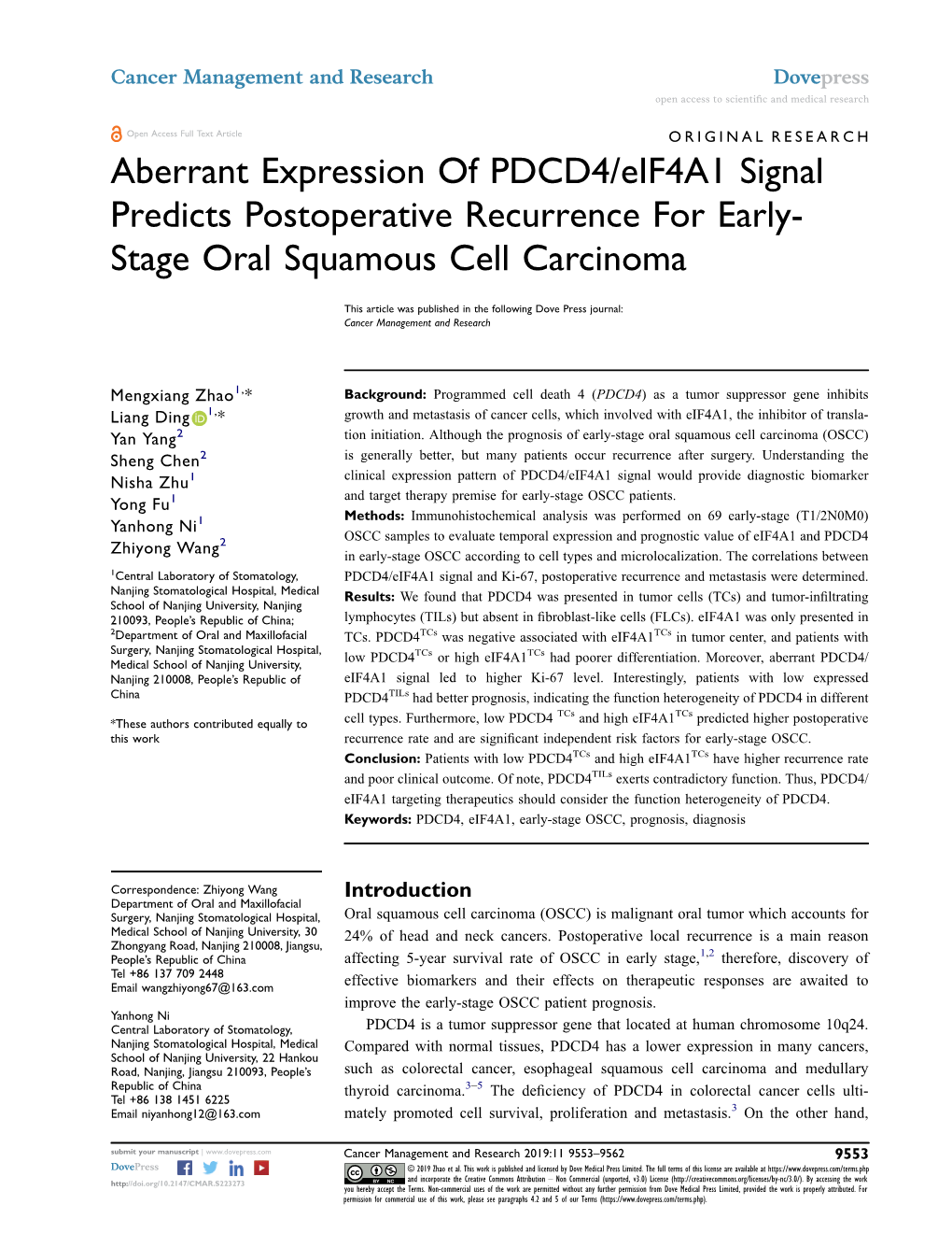 Aberrant Expression of PDCD4/Eif4a1 Signal Predicts Postoperative Recurrence for Early- Stage Oral Squamous Cell Carcinoma