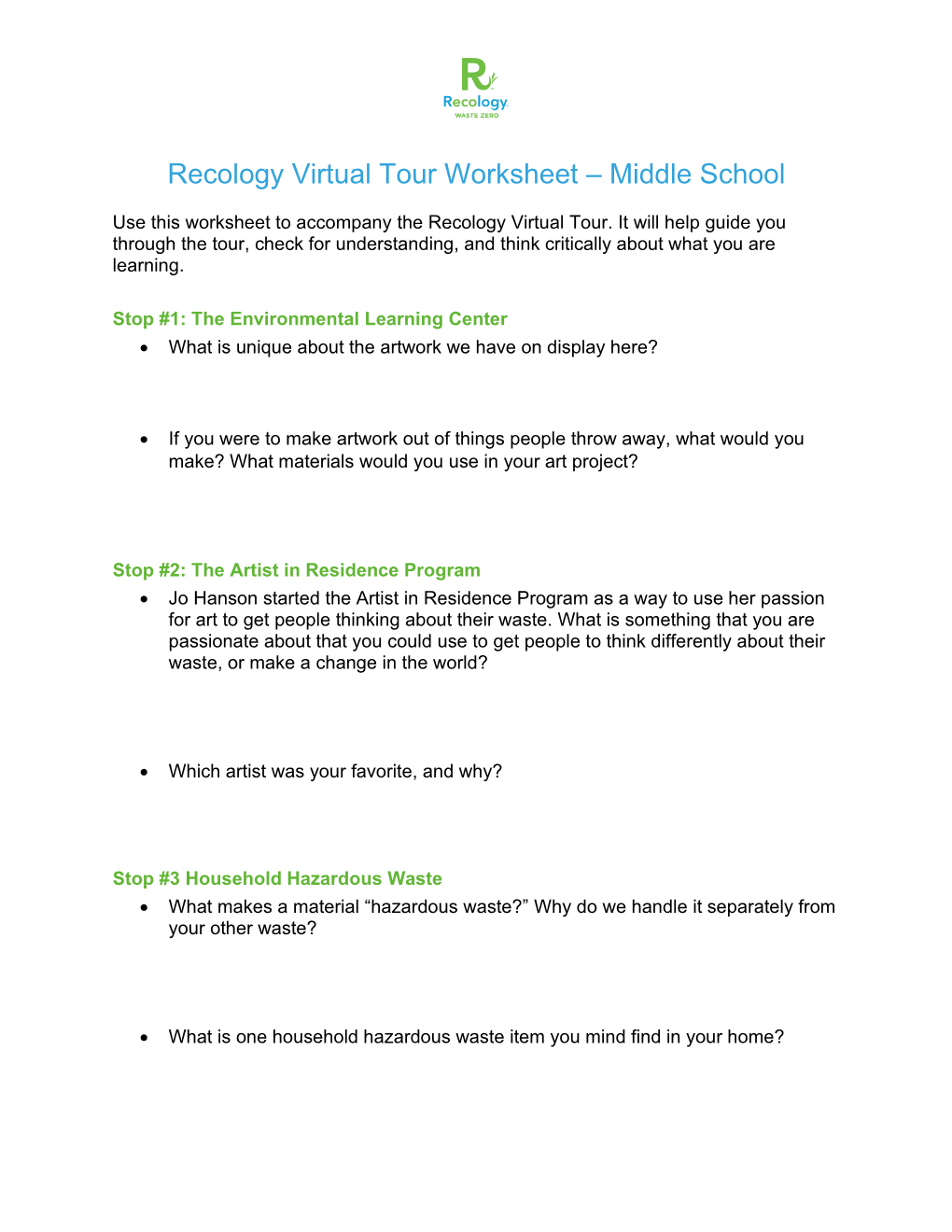 Recology Virtual Tour Worksheet – Middle School