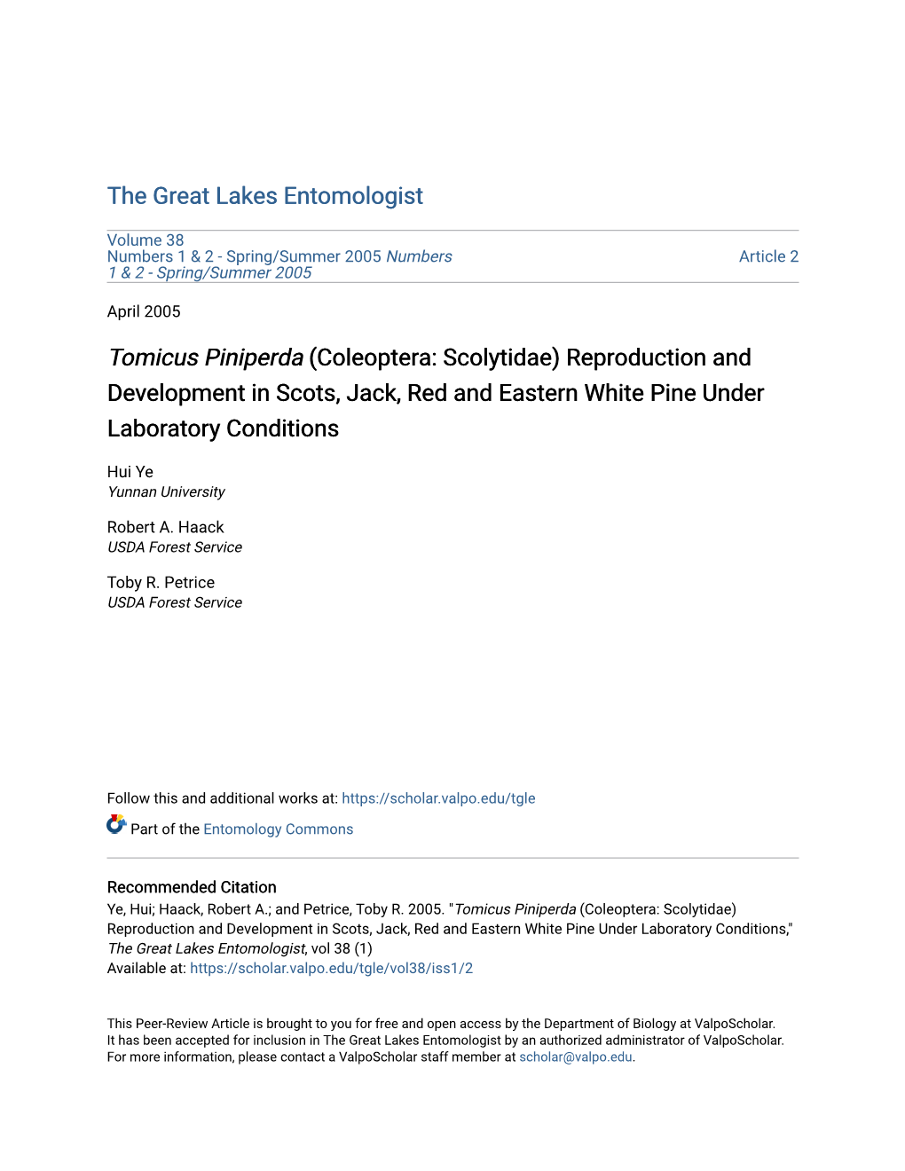 Tomicus Piniperda (Coleoptera: Scolytidae) Reproduction and Development in Scots, Jack, Red and Eastern White Pine Under Laboratory Conditions