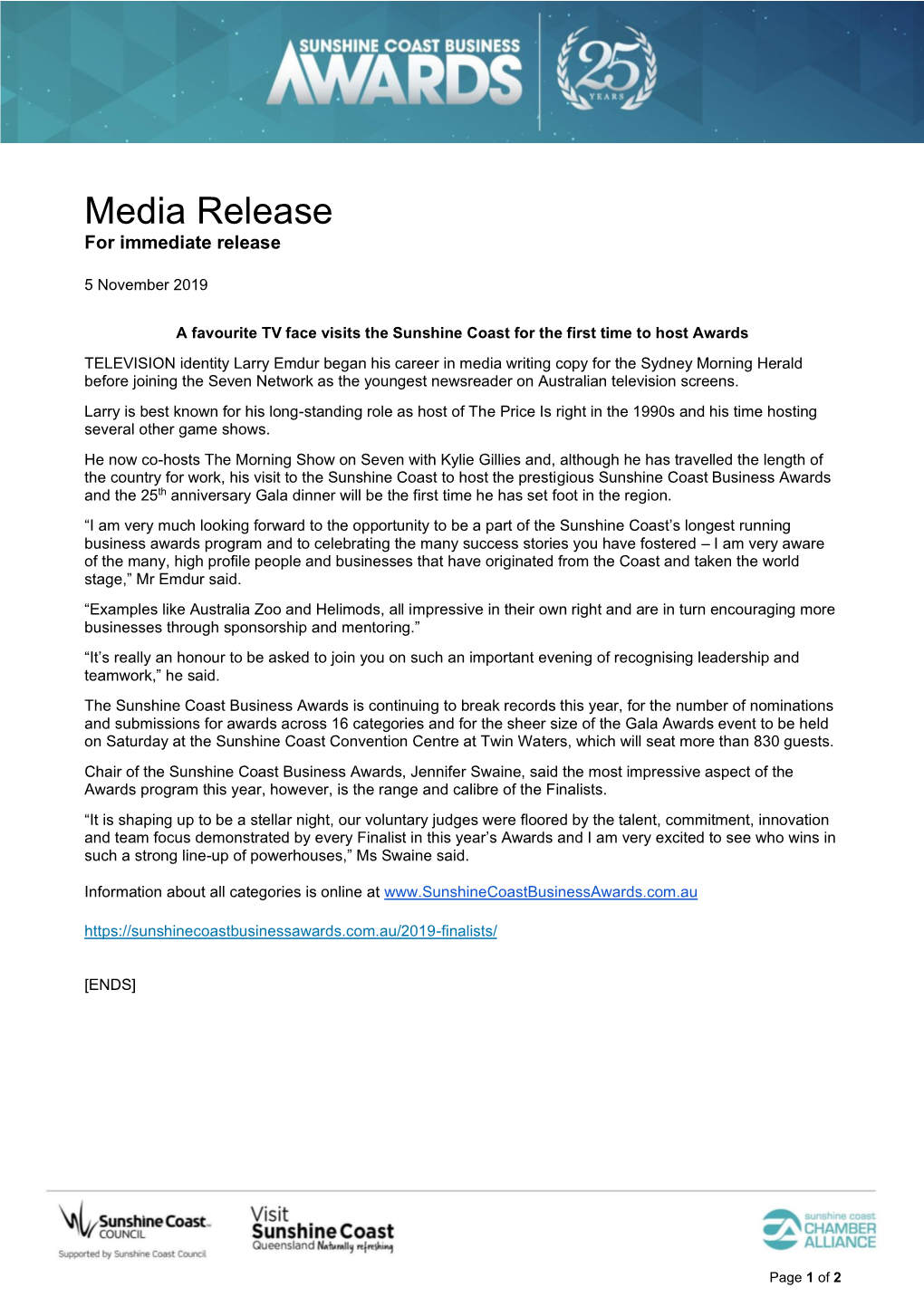 Media Release for Immediate Release