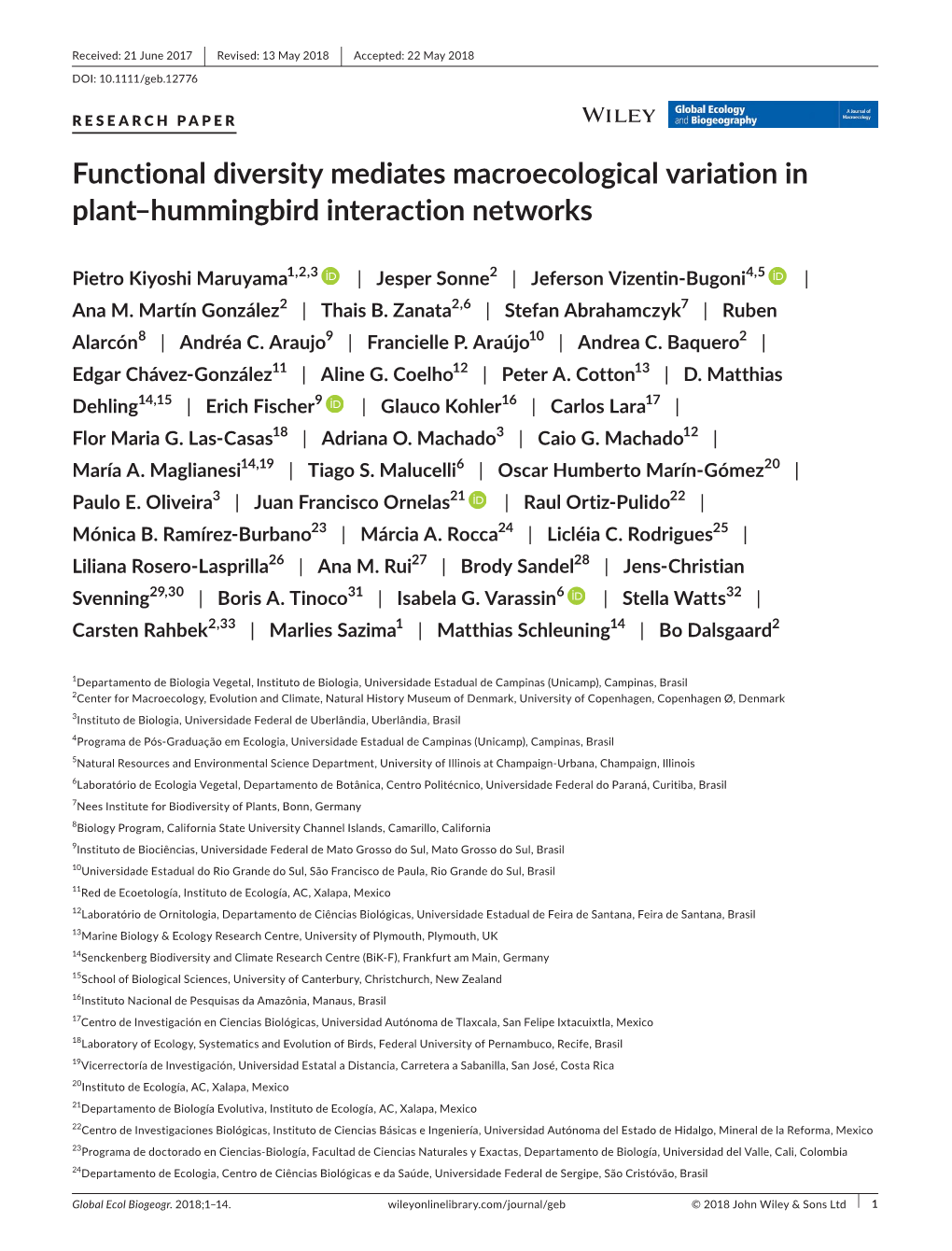 Functional Diversity Mediates Macroecological Variation in Plant–Hummingbird Interaction Networks