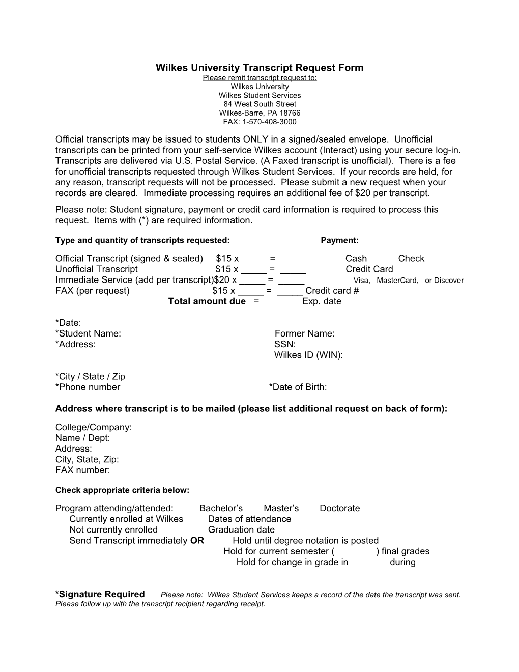 Wilkes University Transcript Request Form