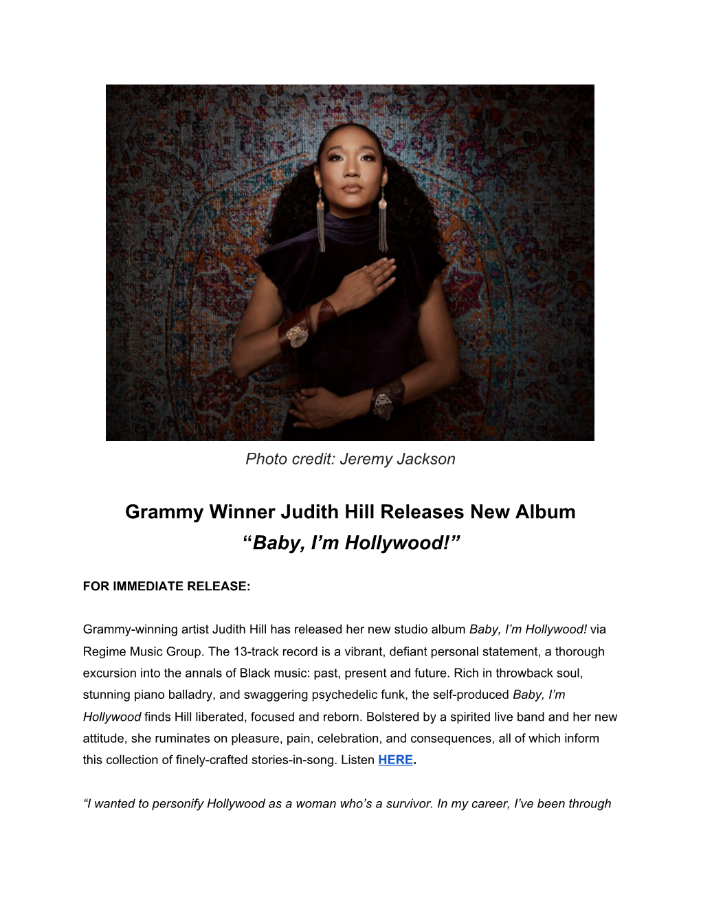 Grammy Winner Judith Hill Releases New Album “​Baby, I'm Hollywood!”