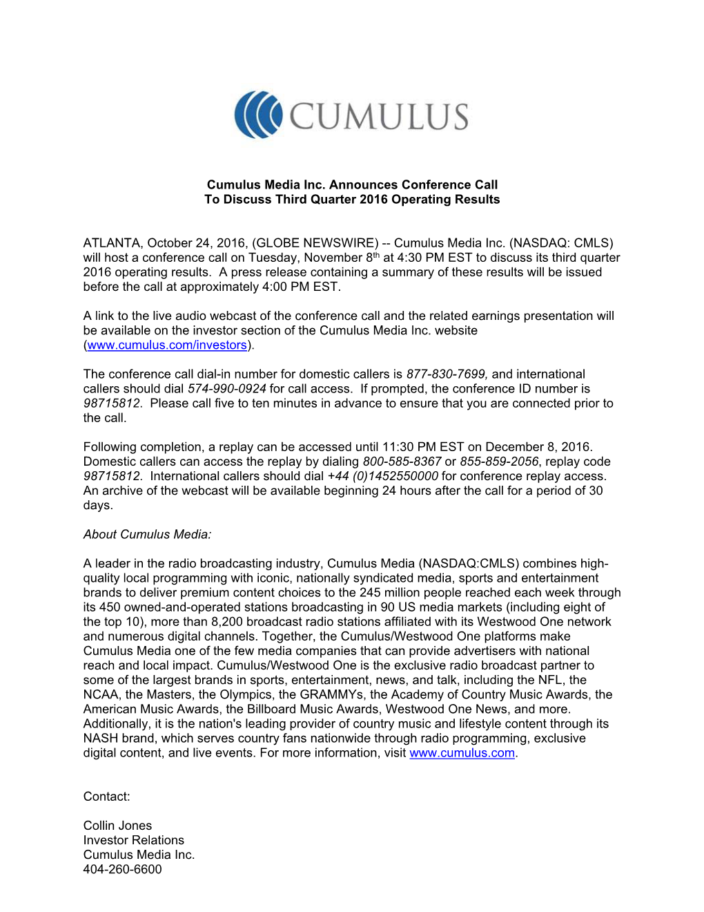 Cumulus Media Inc. Announces Conference Call to Discuss Third Quarter 2016 Operating Results