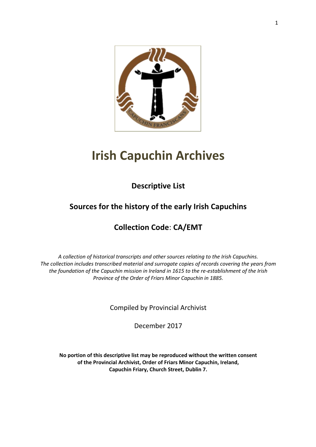 2. Descriptive List (Web) – Sources for Early Irish Capuchins