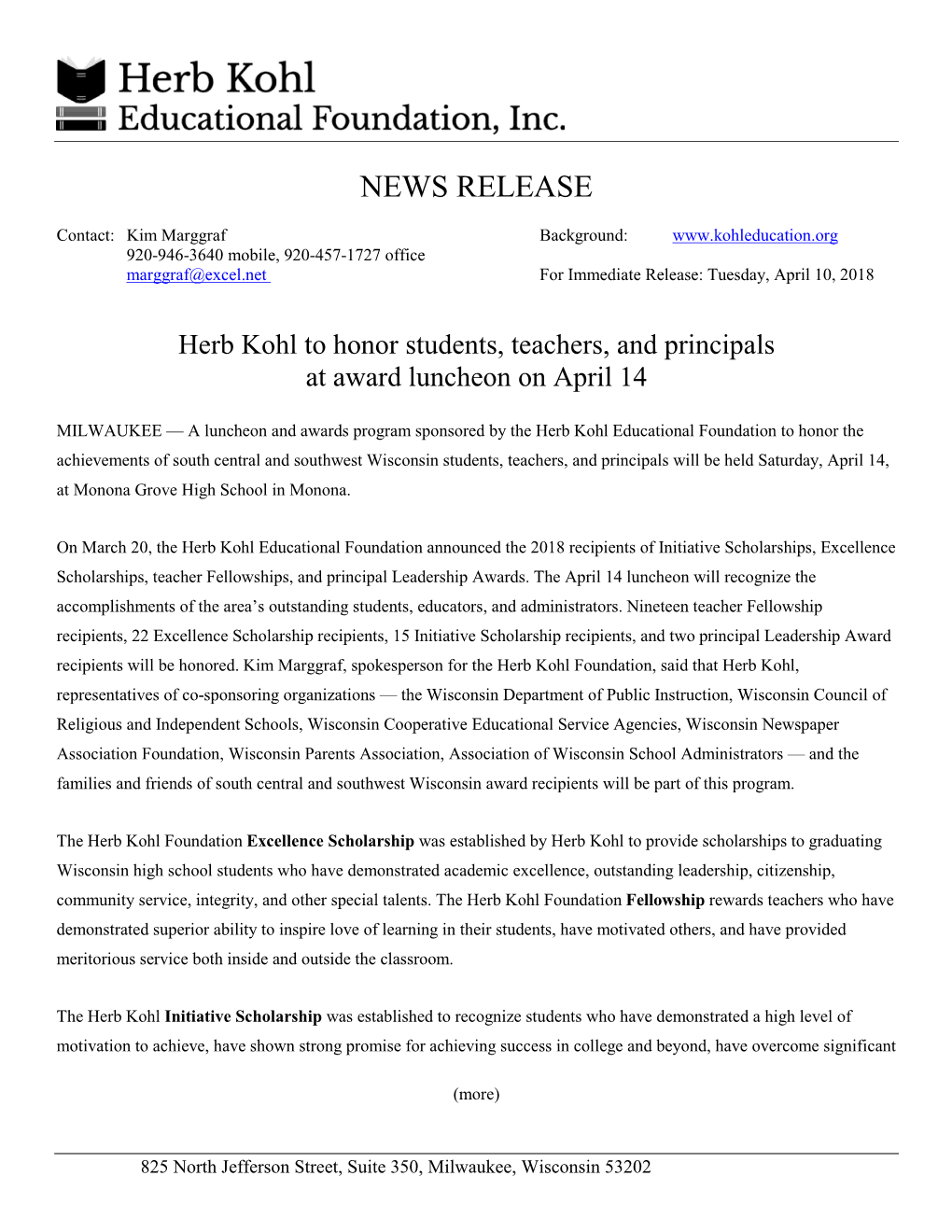 Herb Kohl to Honor Students, Teachers, and Principals at Award Luncheon on April 14