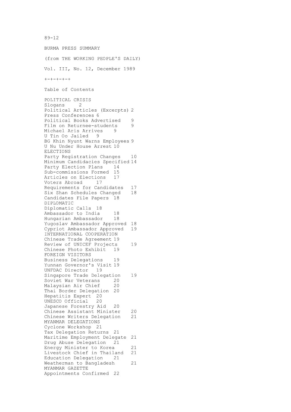 89-12 BURMA PRESS SUMMARY (From the WORKING PEOPLE's DAILY) Vol. III, No. 12, December 1989 +-+-+-+-+ Table of Contents POLITICA