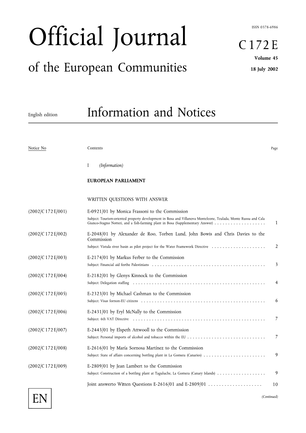 Official Journal C 172 E Volume 45 of the European Communities 18 July 2002