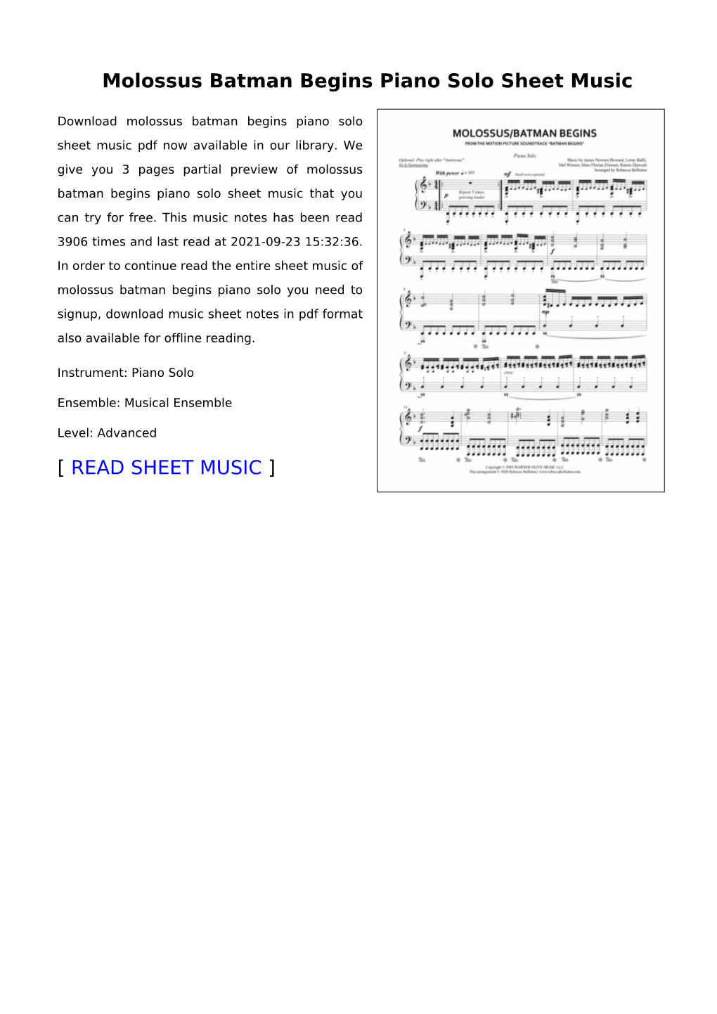 Molossus Batman Begins Piano Solo Sheet Music