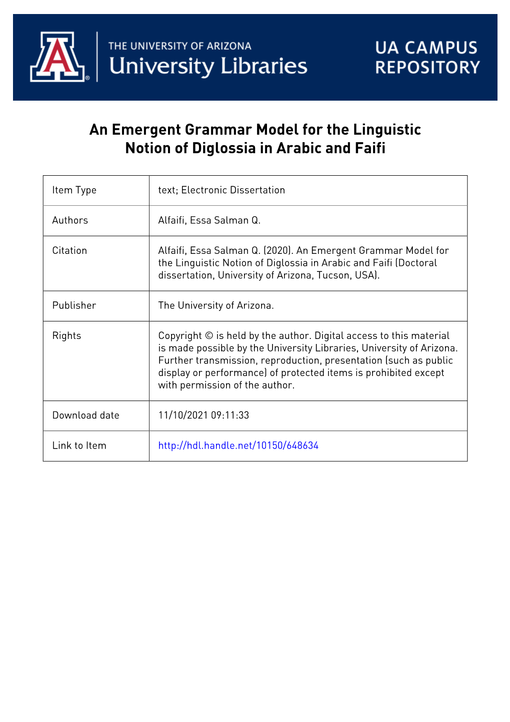 AN EMERGENT GRAMMAR MODEL for the LINGUISTIC NOTION of DIGLOSSIA in ARABIC and FAIFI by Essa Alfaifi