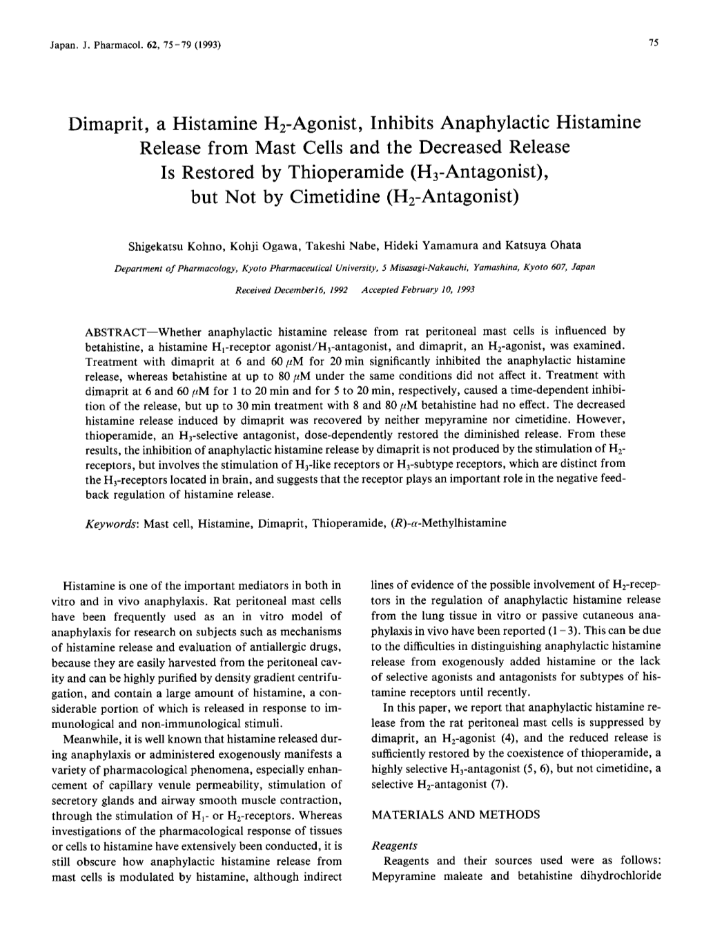 Dimaprit, a Histamine H2-Agonist, Inhibits Anaphylactic Histamine