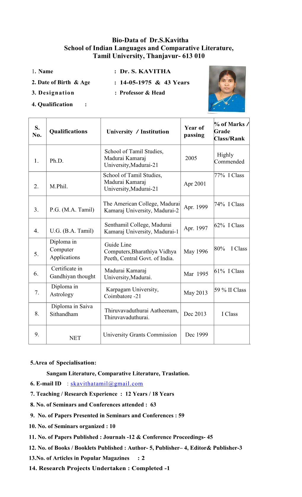 Bio-Data Dr.S.Kavitha, Tamil University