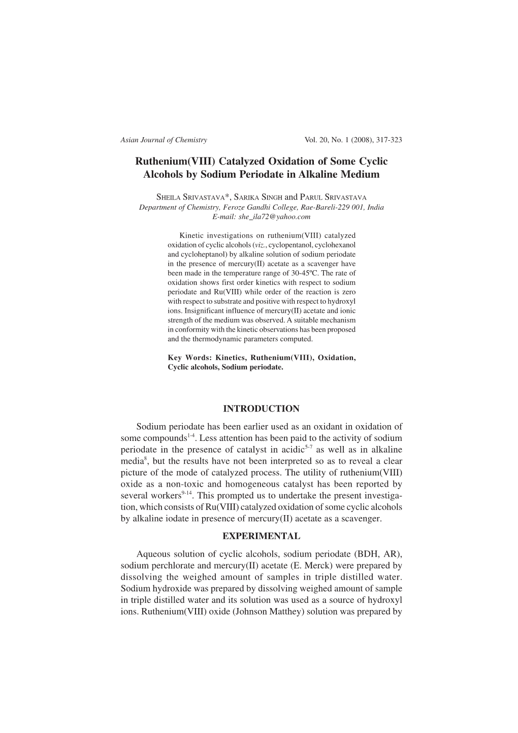 Ruthenium(VIII) Catalyzed Oxidation of Some Cyclic Alcohols by Sodium Periodate in Alkaline Medium