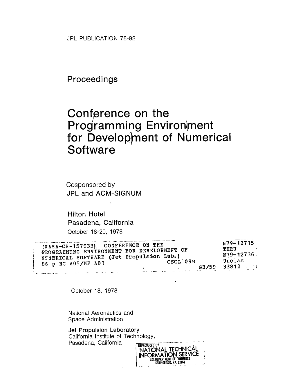 Conference on the Programming Environ)Ment for Developiment of Numerical Software