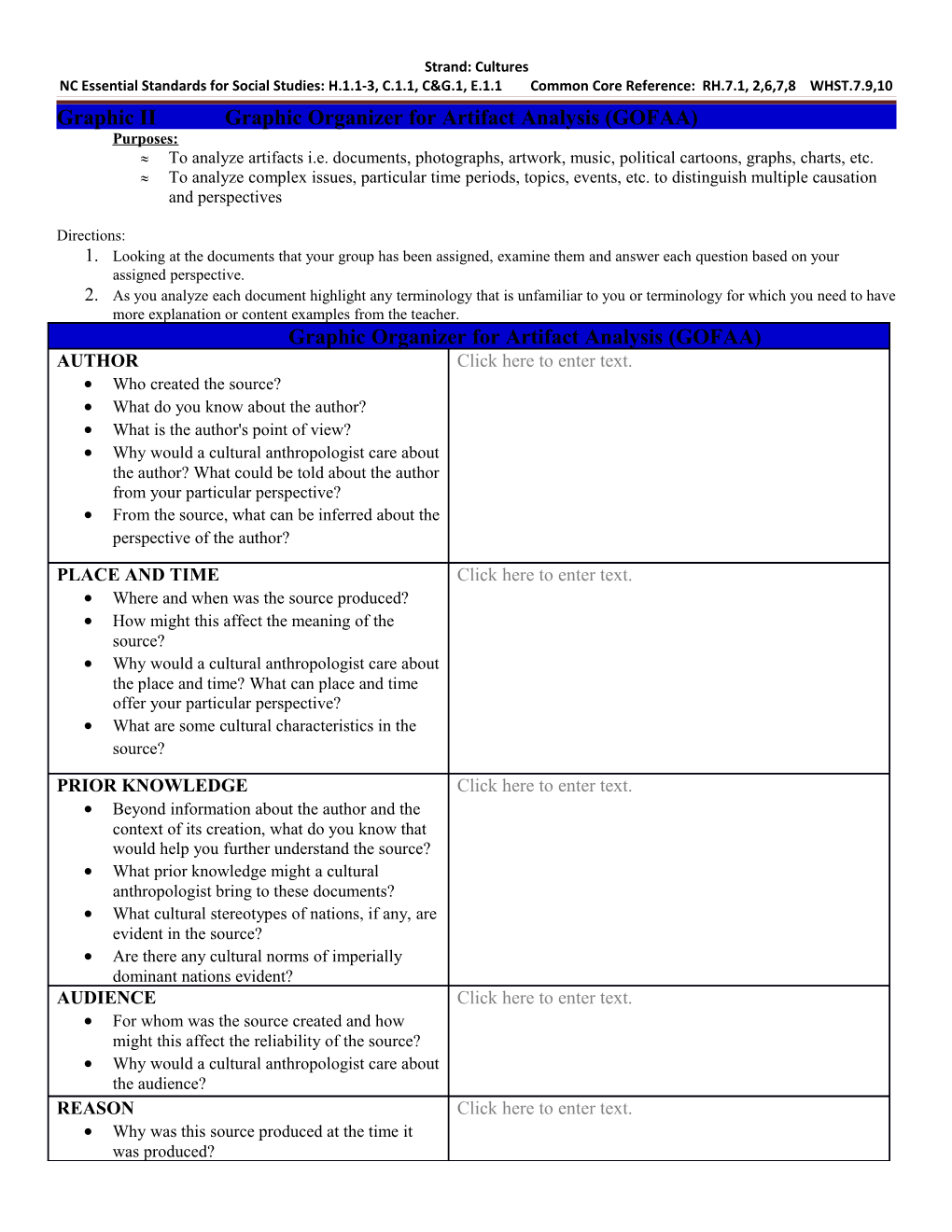 Strand: Cultures NC Essential Standards for Social Studies: H.1.1-3, C.1.1, C&G.1, E.1.1