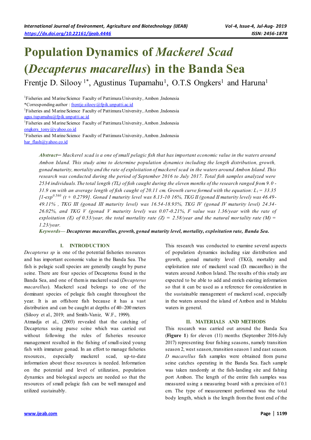 Population Dynamics of Mackerel Scad (Decapterus Macarellus) in the Banda Sea Frentje D