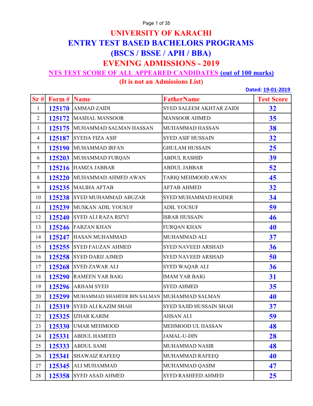 DISPLAY EVENING TEST Admission 2019.Xlsx