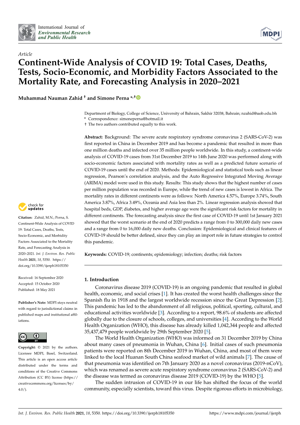 Continent-Wide Analysis of COVID 19