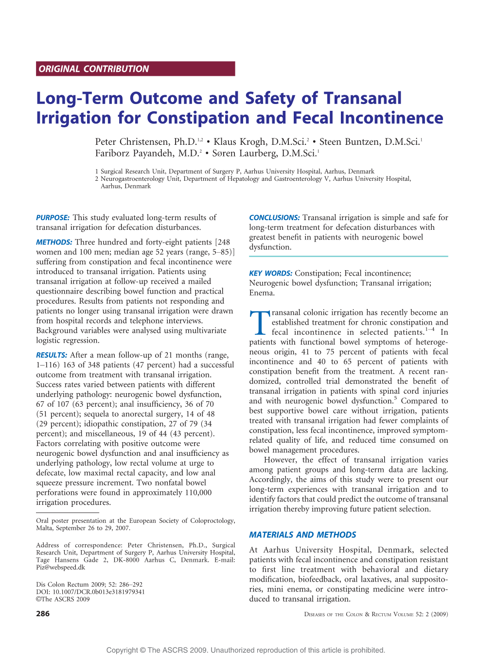Long-Term Outcome and Safety of Transanal Irrigation for Constipation and Fecal Incontinence
