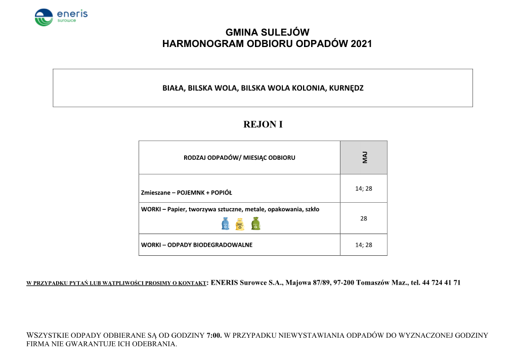 Gmina Sulejów Harmonogram Odbioru Odpadów 2021 Rejon I