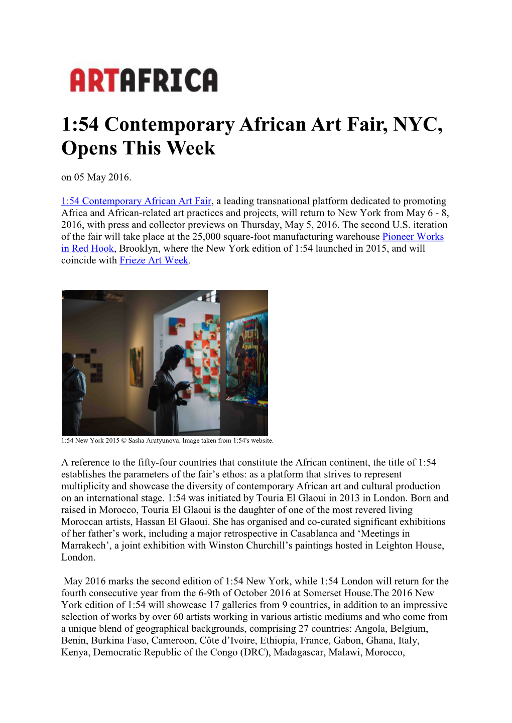 Art Africa, " 1:54 Contemporary African Art Fair, NYC, Opens This Week"