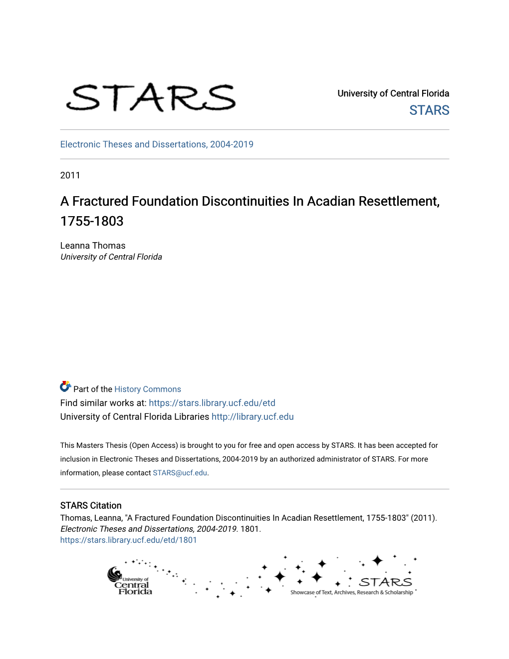 A Fractured Foundation Discontinuities in Acadian Resettlement, 1755-1803