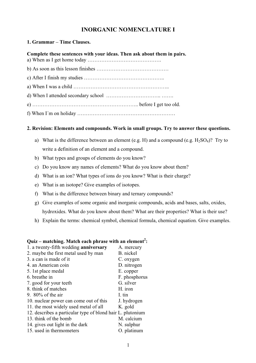 Inorganic Nomenclature I