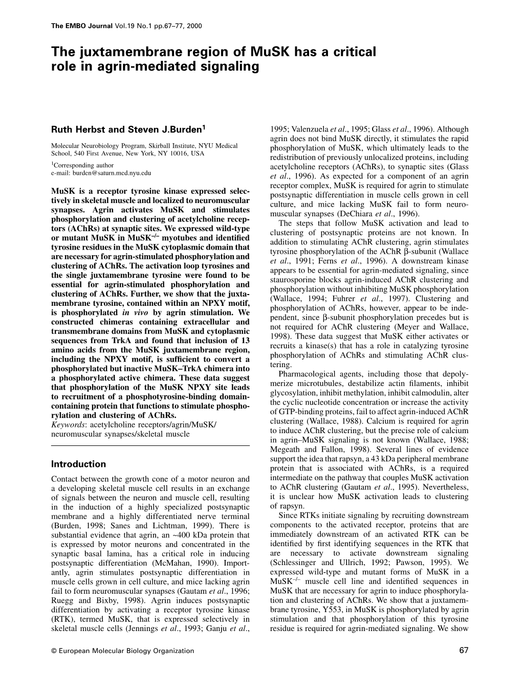 The Juxtamembrane Region of Musk Has a Critical Role in Agrin-Mediated Signaling