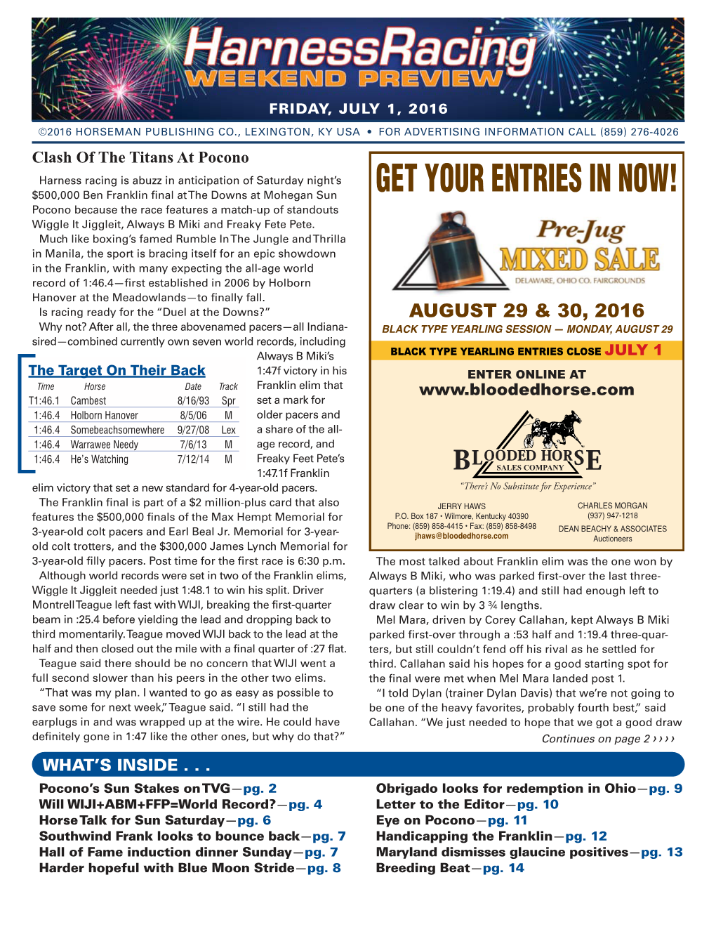 GET YOUR ENTRIES in NOW! Pocono Because the Race Features a Match-Up of Standouts Wiggle It Jiggleit, Always B Miki and Freaky Fete Pete