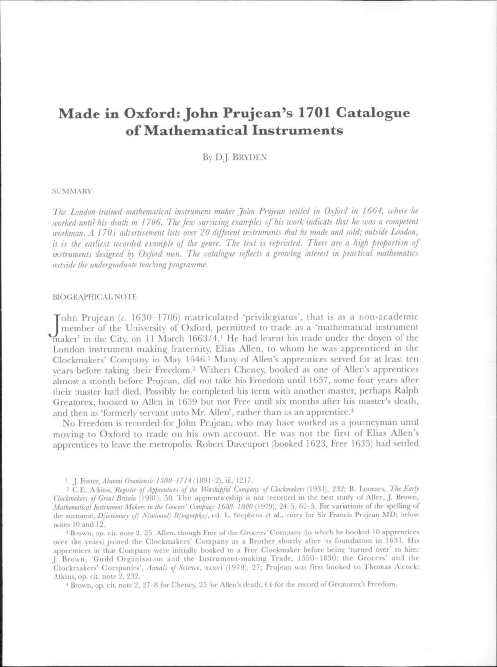 John Prujean's 1701 Catalogue of Matheillatical Instruillents